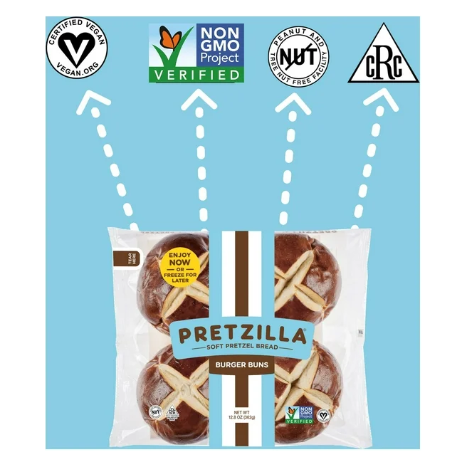 Product image of Pretzilla Soft Pretzel Burger Buns, Vegan, Non-GMO, 12.8 oz, 4 Count