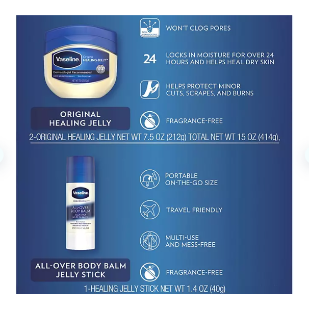 Product image of Vaseline Original Healing Jelly & All-Over Body Balm Bundle (7.5 oz., 2 pk. + 1.4 oz. Stick)