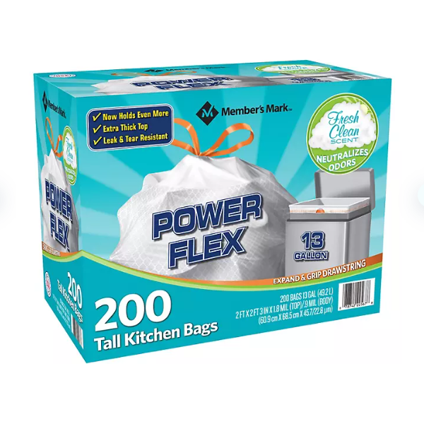 Product image of Member's Mark Power Flex Tall Kitchen Drawstring Trash Bags, Fresh Scent (13 gal., 200 ct.)