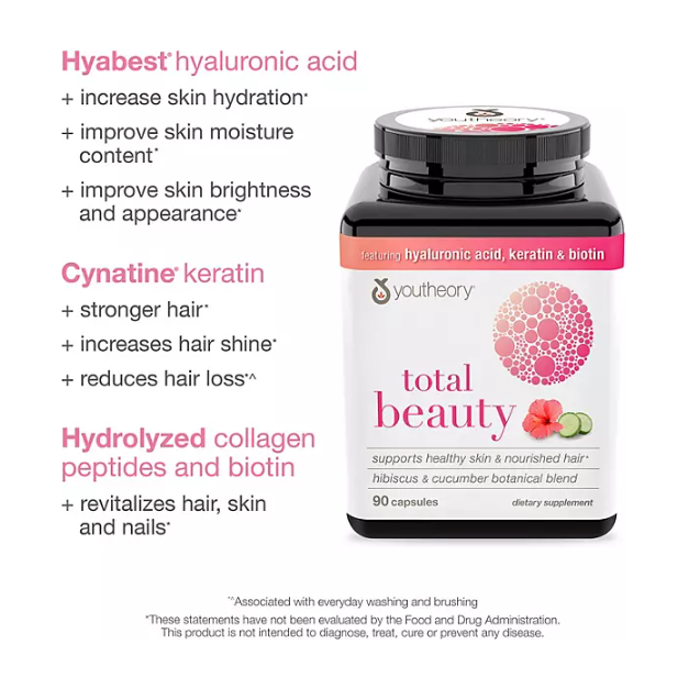 Product image of Youtheory Total Beauty Hyaluronic Acid, Keratin & Biotin Capsules (90 ct.)