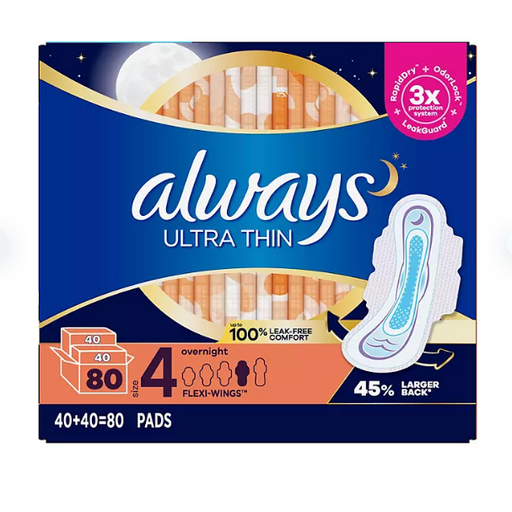Product image of Always Ultra Thin Overnight Pads, Unscented - Size 4 (80 ct.)