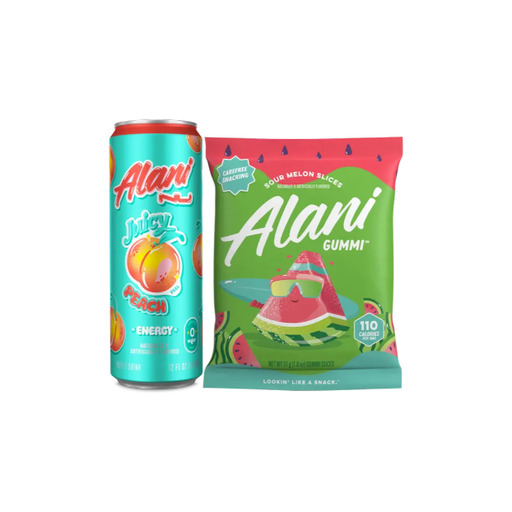 Product image of Alani Nu Juicy Peach Energy Drink & Sour Melon Gummi Snacks | Refreshing & Delicious Combo