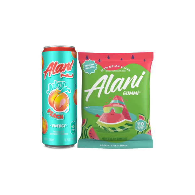 Product image of Alani Nu Juicy Peach Energy Drink & Sour Melon Gummi Snacks | Refreshing & Delicious Combo