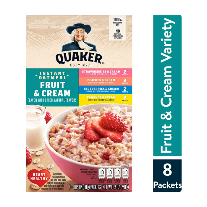 Product image of Quaker, Fruit & Cream Oatmeal, Variety Pack, 1.05 oz, 8 Packets