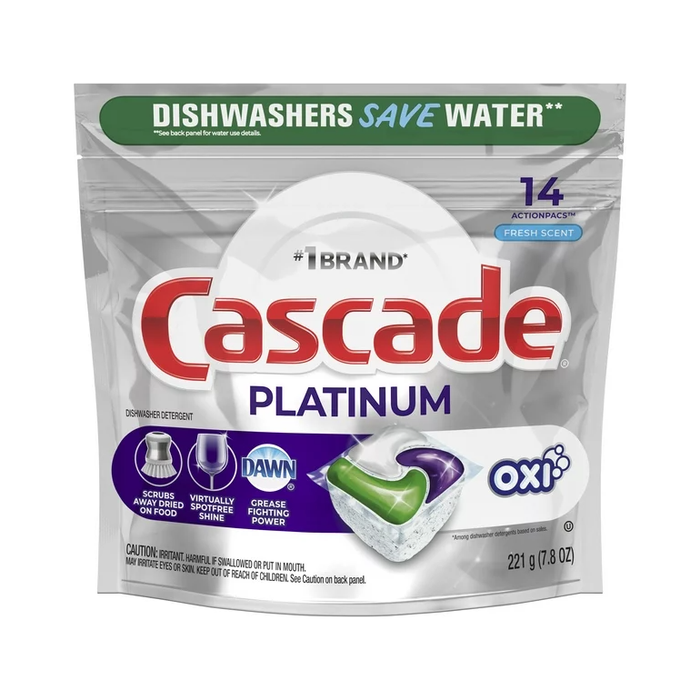Product image of Cascade Platinum + Oxi Dishwasher Pods, Action Pacs Dishwasher Detergent Pods, Fresh Scent, 14 Ct