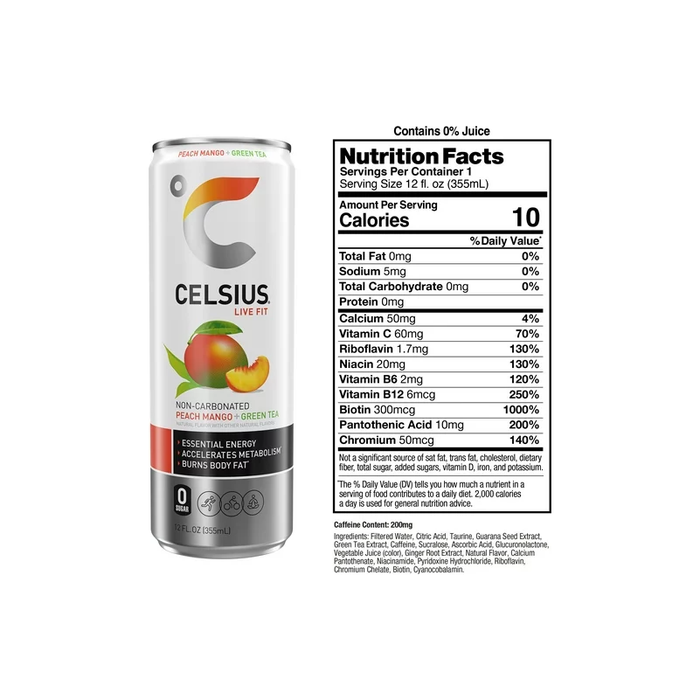 Product image of CELSIUS Essential Energy Drink 12 Fl Oz, Peach Mango Green Tea