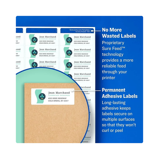 Product image of Avery Easy Peel Address Labels, Sure Feed Technology, White, 1" x 2-5/8", Laser, Inkjet, 300 Labels 0.352 lb