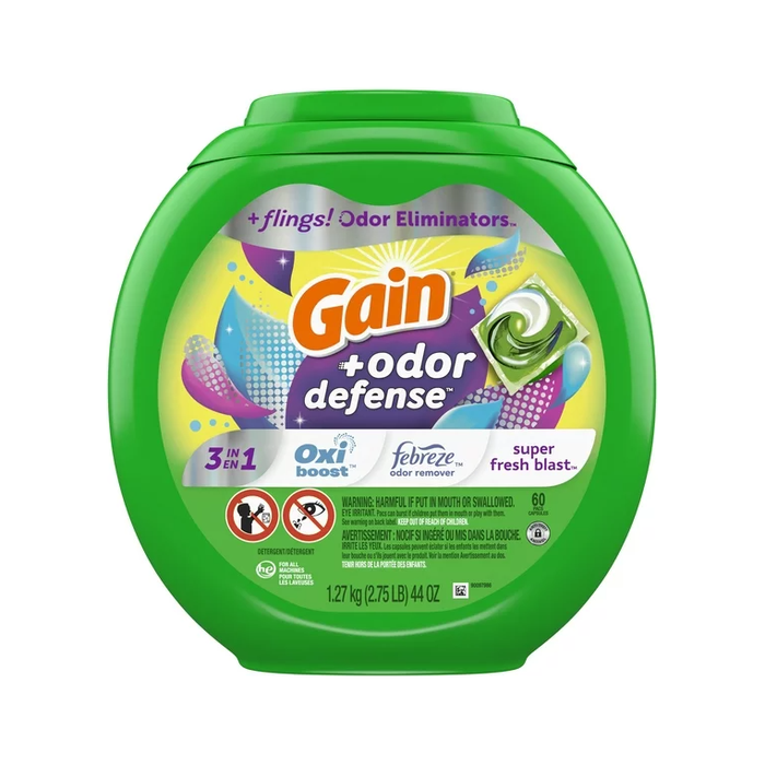 Product image of Gain Flings HE Compatible Super Fresh 3-in-1 with Febreze and Oxi Odor Defense Liquid Laundry Detergent Pacs