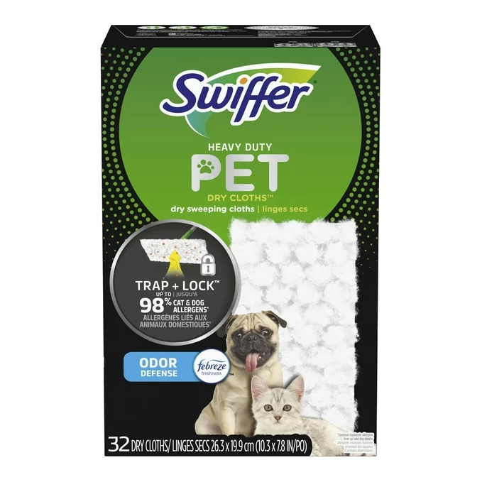 Product image of Swiffer Sweeper Pet Heavy Duty Dry Cloth Refills, Febreze Freshness, 32 Ct White Pads