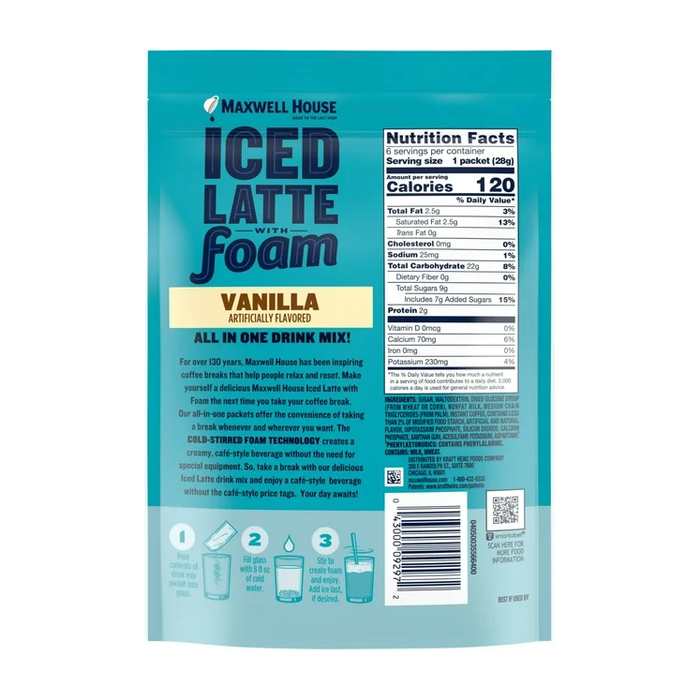 Product image of Maxwell House Iced Latte with Foam - Vanilla Flavor | 6 Single Serve Packets