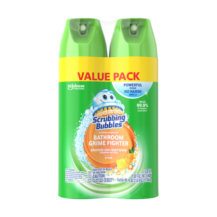 Product image of Scrubbing Bubbles Bathroom Grime Fighter Aerosol, Disinfectant Spray; Effective Tile, Bathtub, Shower and Overall Bathroom Cleaner (1 Aerosol Spray), Citrus, 20 Oz (Pack of 2)