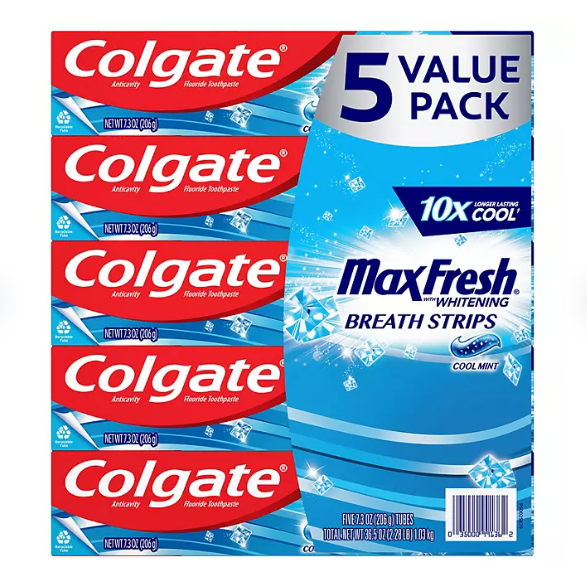 Product image of Colgate MaxFresh Toothpaste with Mini Breath Strips, Cool Mint 7.3 oz., 5 pk