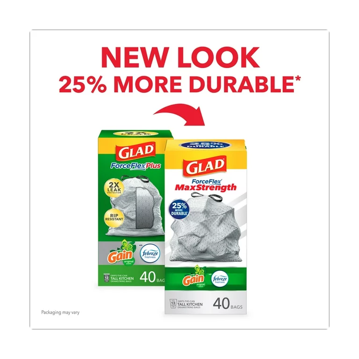 Product image of Glad ForceFlex MaxStrength Tall Kitchen Drawstring Trash Bags, 13 Gallon, Gain Original with Febreze Freshness, 40 Count