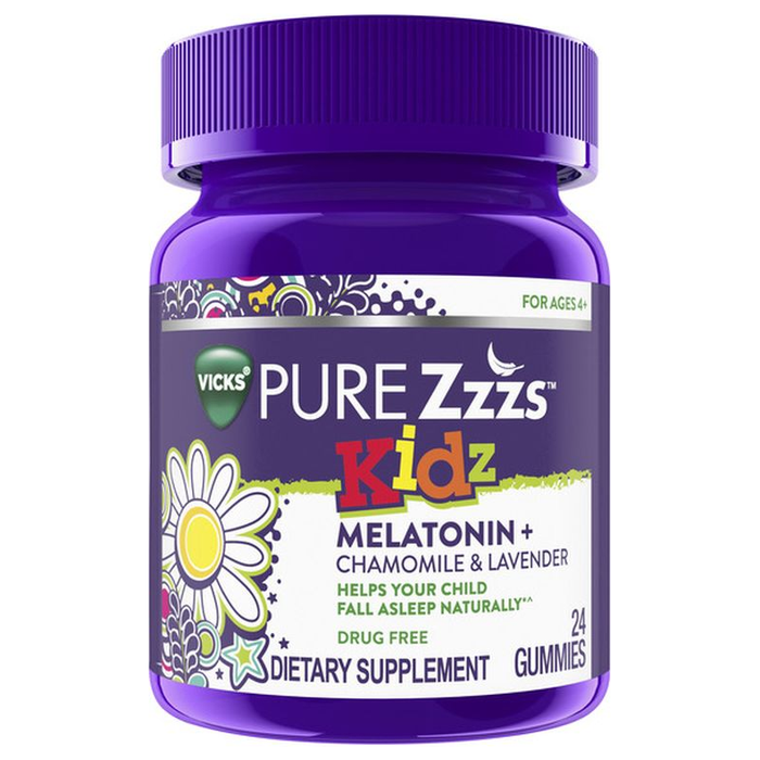 Product image of Vicks PURE Zzzs Vicks PURE Zzzs Kidz Sleep Aid Gummies, 0.5mg Melatonin per gummy, Dietary Supplement for Ages 4+, 24 Ct