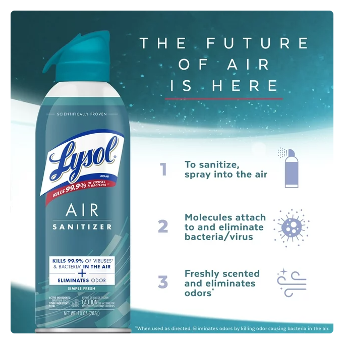 Product image of Lysol Air Sanitizer Spray, For Air Sanitization and Odor Elimination, Simple Fresh Scent, 10 Fl. Oz