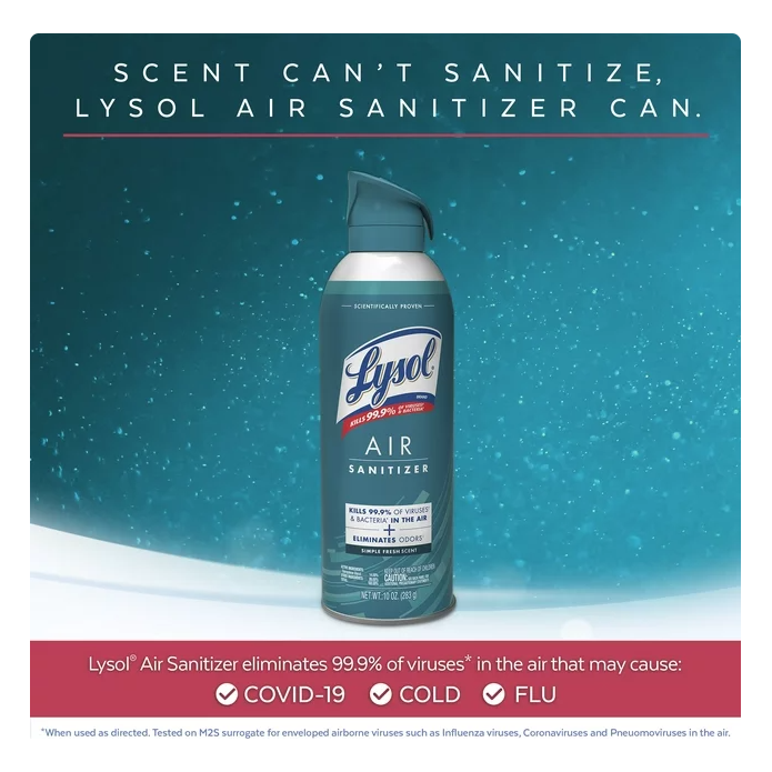 Product image of Lysol Air Sanitizer Spray, For Air Sanitization and Odor Elimination, Simple Fresh Scent, 10 Fl. Oz