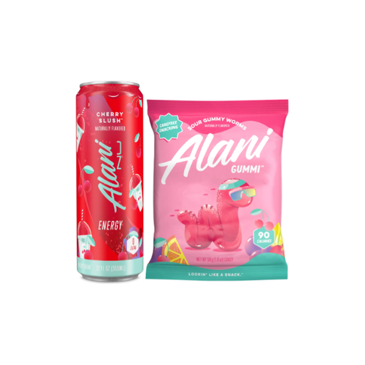 Product image of Alani Nu Cherry Slush Energy Drink & Sour Gummi Worms | Delicious, Low-Calorie Combo