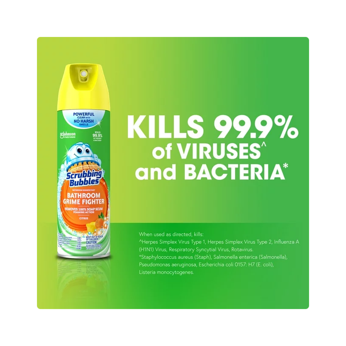 Product image of Scrubbing Bubbles Bathroom Grime Fighter Aerosol, Disinfectant Spray; Effective Tile, Bathtub, Shower and Overall Bathroom Cleaner (1 Aerosol Spray), Citrus, 20 Oz (Pack of 2)