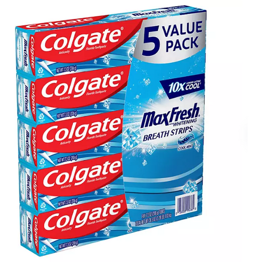 Product image of Colgate MaxFresh Toothpaste with Mini Breath Strips, Cool Mint 7.3 oz., 5 pk
