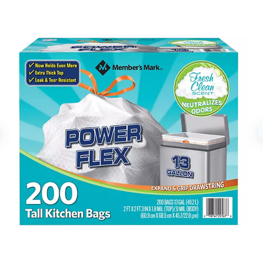 Product image of Member's Mark Power Flex Tall Kitchen Drawstring Trash Bags, Fresh Scent (13 gal., 200 ct.)