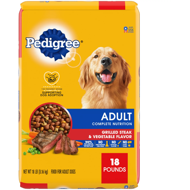 Product image of Pedigree Complete Nutrition Grilled Steak & Vegetable Flavor Dry Dog Food for Adult Dog, 18 lb. Bag