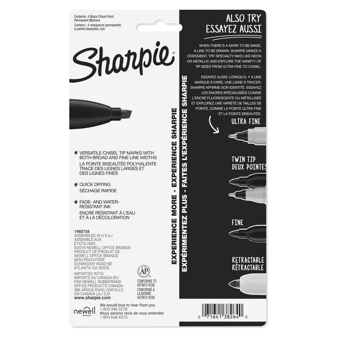 Product image of Sharpie Permanent Markers, Chisel Tip, Black, 4 Count