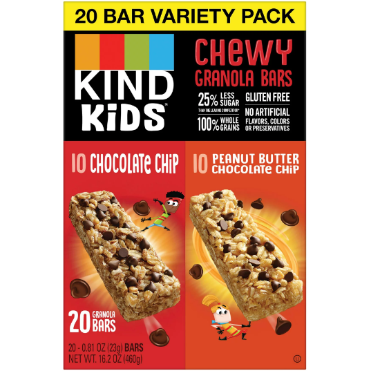Product image of KIND Bar, Chocolate Chip/Peanut Butter Chocolate Chip Kids Variety Pack, Gluten free, .81 oz, 20 Snack Bars