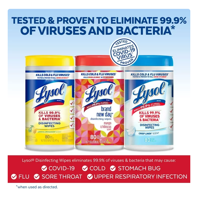 Product image of Lysol Disinfectant Wipes Bundle, Multi-Surface Antibacterial Cleaning Wipes, For Disinfecting & Cleaning, contains x2 Lemon & Lime Blossom (160ct) x1 Crisp Linen (80ct) & x1 Mango & Hibiscus (80ct)