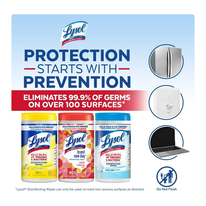 Product image of Lysol Disinfectant Wipes Bundle, Multi-Surface Antibacterial Cleaning Wipes, For Disinfecting & Cleaning, contains x2 Lemon & Lime Blossom (160ct) x1 Crisp Linen (80ct) & x1 Mango & Hibiscus (80ct)
