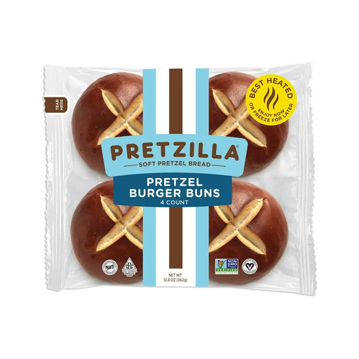 Product image of Pretzilla Soft Pretzel Burger Buns, Vegan, Non-GMO, 12.8 oz, 4 Count