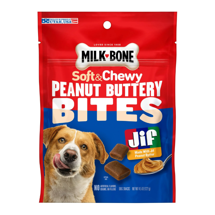 Product image of Milk-Bone Peanut Buttery Bites Soft Dog Treats With Jif Peanut Butter, 4.5-Oz