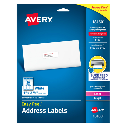 Product image of Avery Easy Peel Address Labels, Sure Feed Technology, White, 1" x 2-5/8", Laser, Inkjet, 300 Labels 0.352 lb