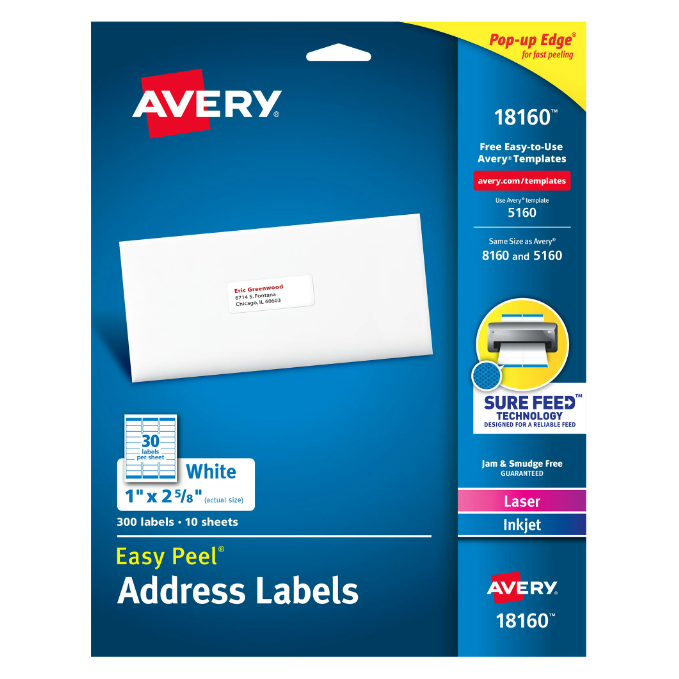 Product image of Avery Easy Peel Address Labels, Sure Feed Technology, White, 1" x 2-5/8", Laser, Inkjet, 300 Labels 0.352 lb