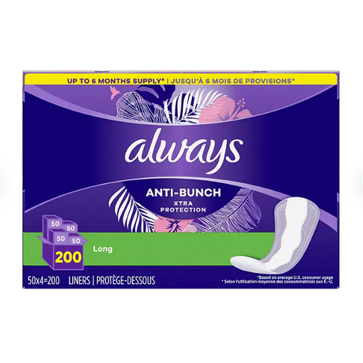 Product image of Always Anti-Bunch Xtra Protection Daily Liners, Long, Unscented (200 ct.)