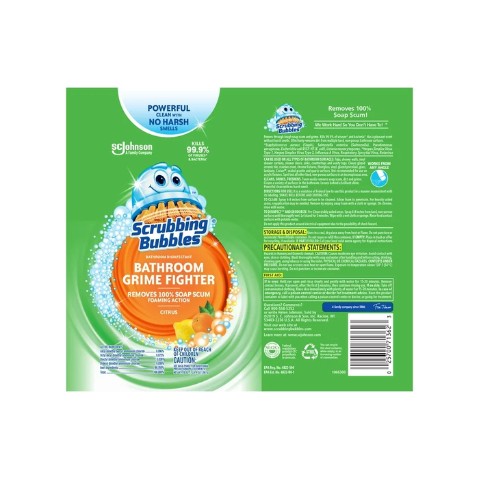 Product image of Scrubbing Bubbles Bathroom Grime Fighter Aerosol, Disinfectant Spray; Effective Tile, Bathtub, Shower and Overall Bathroom Cleaner (1 Aerosol Spray), Citrus, 20 Oz (Pack of 2)