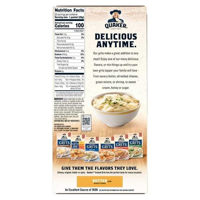 Product image of Quaker, Instant Grits Value Pack, Butter, 0.99 oz, 22 Packets