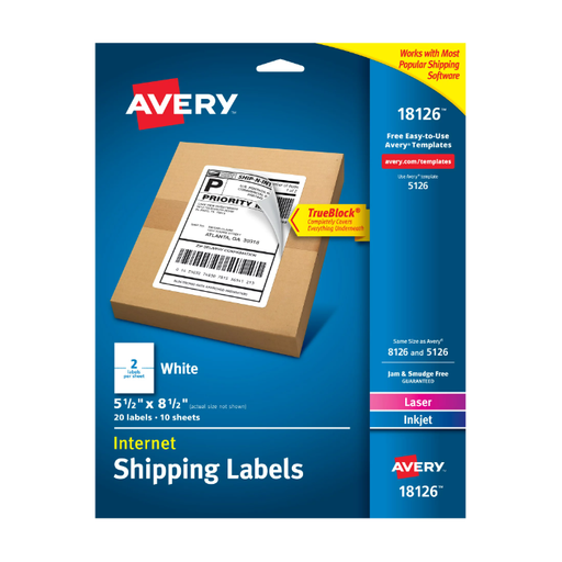 Product image of Avery Shipping Labels, 5.5 x 8.5, White, TrueBlock, Inkjet, 20 Labels (18126) 0.399 lb