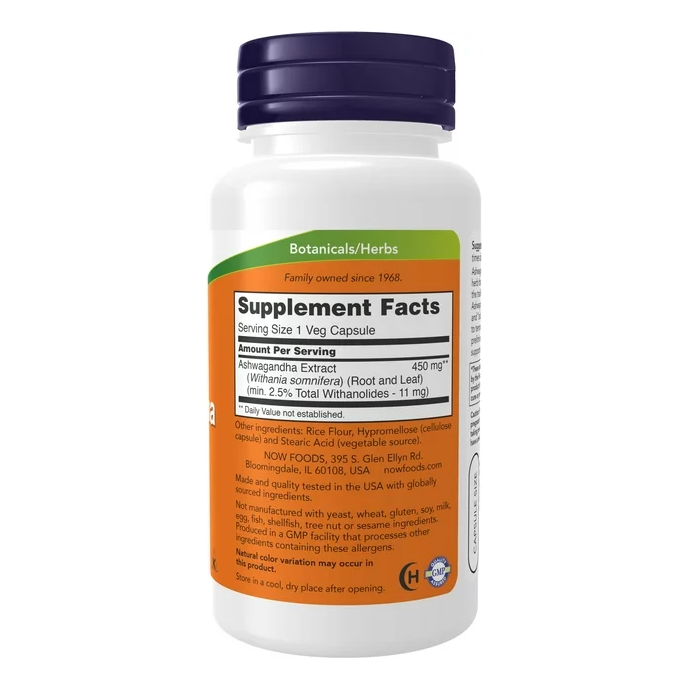 Product image of NOW Supplements, Ashwagandha (Withania somnifera) 450 mg (Standardized Extract), 90 Veg Capsules