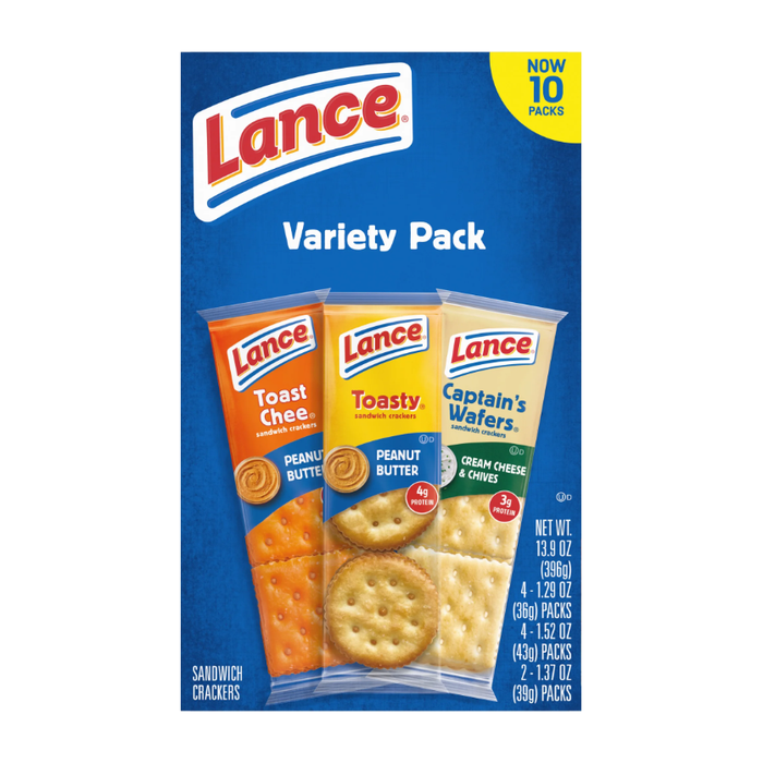 Product image of Lance Sandwich Crackers, Variety Pack, 3 Flavors, 10 Individually Wrapped Packs, 6 Sandwiches Each