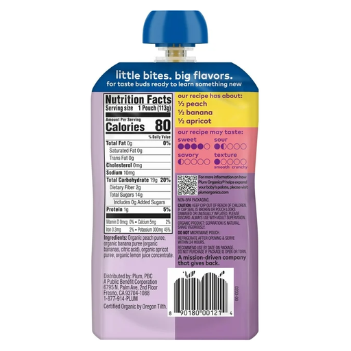 Product image of Plum Organics Stage 2 Organic Baby Food, Peach, Banana, and Apricot, 4 oz Pouch