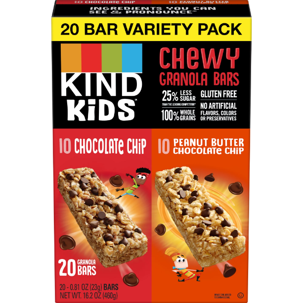 Product image of KIND Bar, Chocolate Chip/Peanut Butter Chocolate Chip Kids Variety Pack, Gluten free, .81 oz, 20 Snack Bars