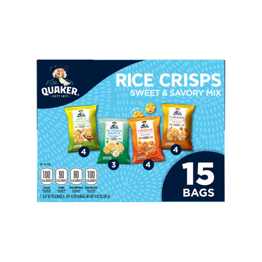 Product image of Quaker Rice Crisps Sweet & Savory Variety (Caramel, Cheddar, Apple Cinnamon, Ranch) 12 oz, 15 Count