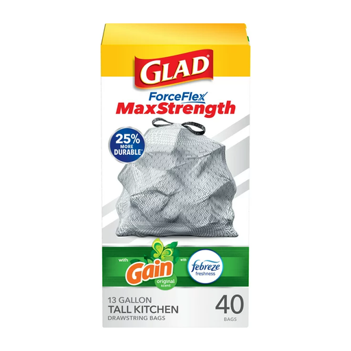 Product image of Glad ForceFlex MaxStrength Tall Kitchen Drawstring Trash Bags, 13 Gallon, Gain Original with Febreze Freshness, 40 Count