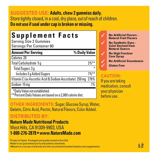 Product image of Nature Made Vitamin C 250 mg Per Serving Gummies, Dietary Supplement, 120 Count
