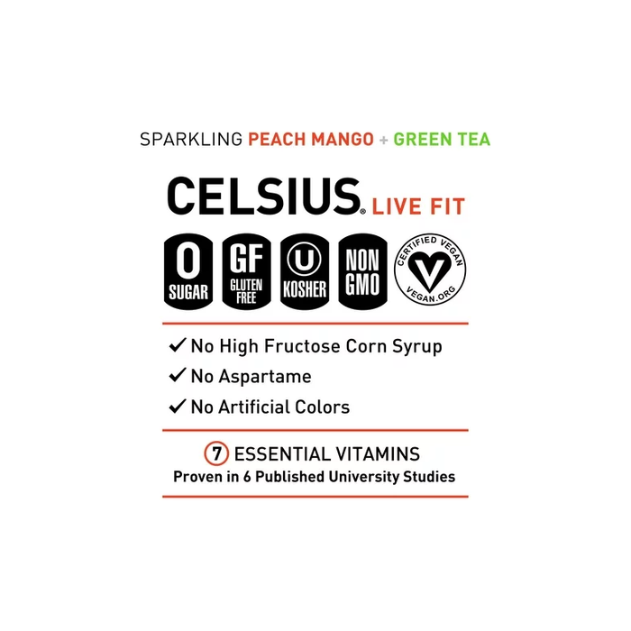Product image of CELSIUS Essential Energy Drink 12 Fl Oz, Peach Mango Green Tea