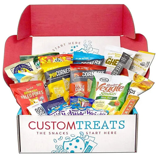 20-count gluten-free snack box by Custom Treats featuring assorted individually wrapped healthy snacks in colorful packaging – perfect for gluten-free diets, gifting, offices, school lunches, and on-the-go snacking