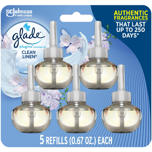 Product image of Glade PlugIns Refill 5 CT, Clean Linen, 3.35 FL. OZ. Total, Scented Oil Air Freshener Infused with Essential Oils