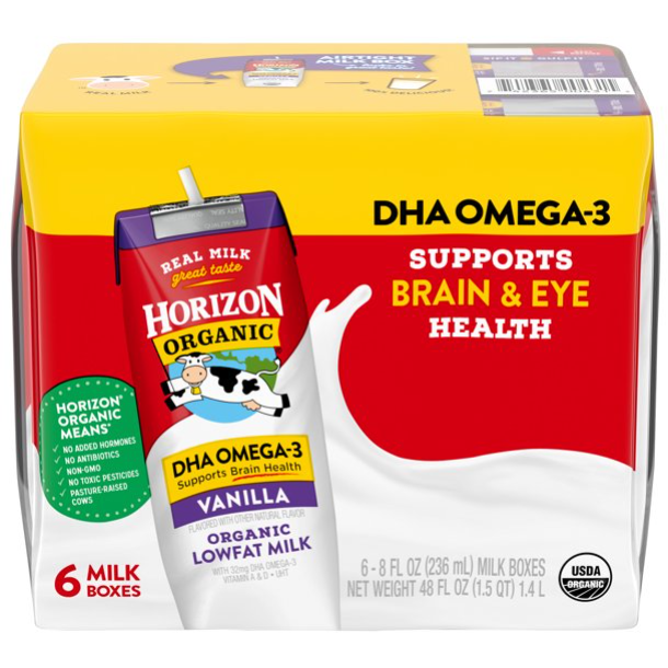 Product image of Horizon Organic 1% Lowfat UHT DHA Omega-3 Vanilla Milk, 8 Oz., 6 Count