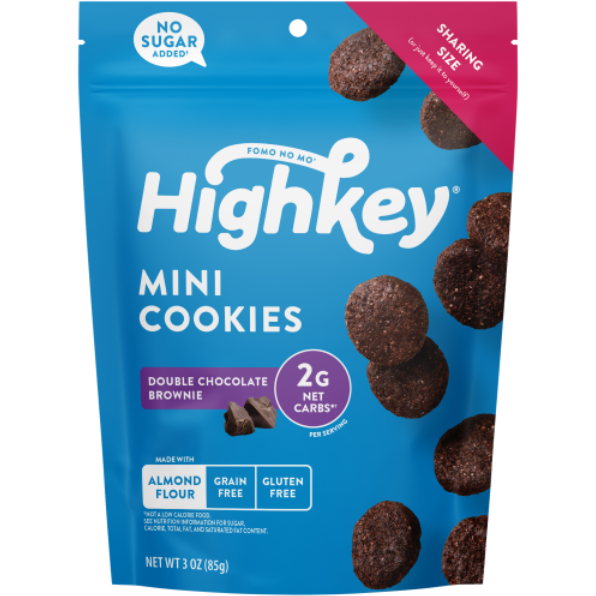 Product image of HighKey No Sugar Added, Keto Friendly, Grain & Gluten Free Double Chocolate Brownie Mini Cookies, 2g Net Carbs, 3oz