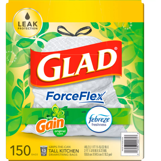Product image of Glad ForceFlex Tall Kitchen Drawstring White Trash Bags, Gain Original Scent with Febreze Freshness (13 gal., 150 ct.)